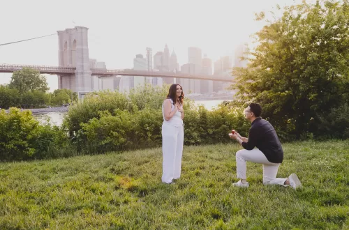 Couple proposing in the park with the Brooklyn Bridge in the background